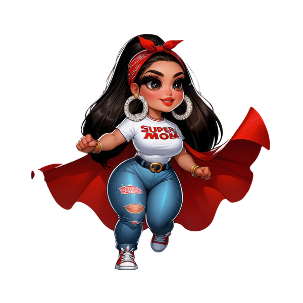 Una superheroína segura de sí misma, con cabello largo y un pañuelo rojo, vistiendo una camiseta de "SUPER MAMÁ", jeans desgastados y una capa suelta.