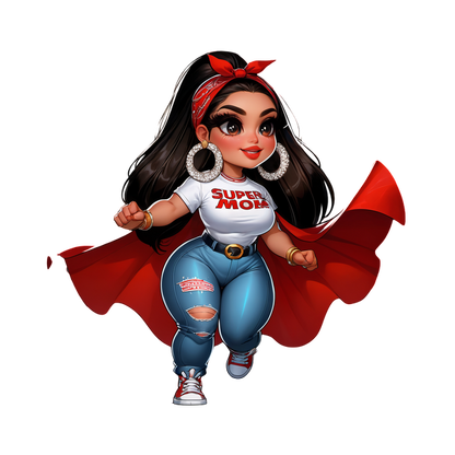 Una superheroína segura de sí misma, con cabello largo y un pañuelo rojo, vistiendo una camiseta de "SUPER MAMÁ", jeans desgastados y una capa suelta.