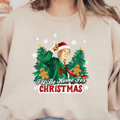 A festive graphic featuring a joyful character in a green sweater and Santa hat, celebrating Christmas with gingerbread cookies and decorated trees.DTF Transfers heat press transfers dtf transfers