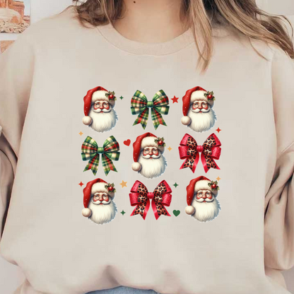 A festive collection featuring cheerful Santa faces and colorful holiday bows in various styles and patterns. dtf prints