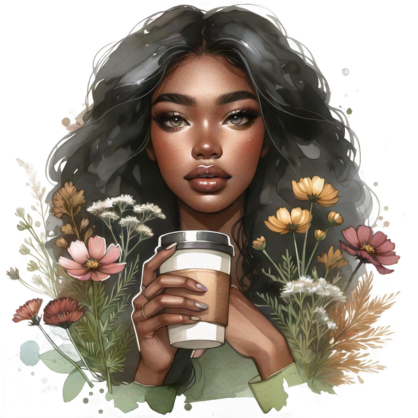 Una hermosa ilustración de una mujer con cabello rizado sosteniendo una taza de café, rodeada de flores de colores en un entorno vibrante.