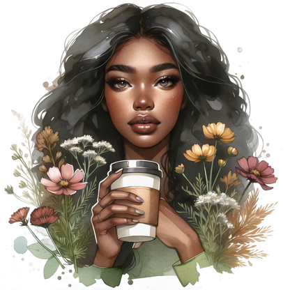 Una hermosa ilustración de una mujer con cabello rizado sosteniendo una taza de café, rodeada de flores de colores en un entorno vibrante.