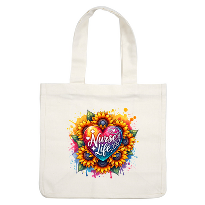 Vibrant floral design featuring a heart with "Nurse Life" text, symbolizing dedication to nursing with colorful sunflowers and medical elements.DTF Transfers