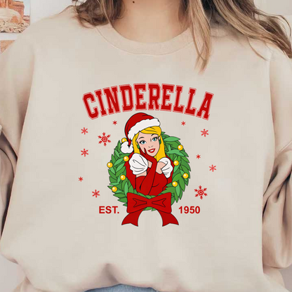 A festive graphic featuring Cinderella in a Santa hat surrounded by a Christmas wreath, established in 1950.DTF Transfers dtf prints