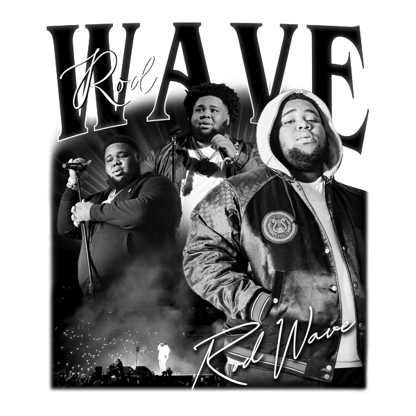 A dynamic black-and-white collage of Rod Wave showcasing his music performances and signature style in a stylish jacket.DTF Transfers dtf prints