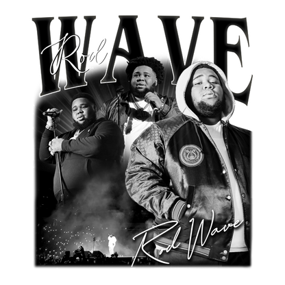 A dynamic black-and-white collage of Rod Wave showcasing his music performances and signature style in a stylish jacket.DTF Transfers dtf prints