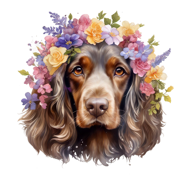 Una encantadora ilustración de un perro con una corona floral colorida, que transmite una expresión cálida y amistosa.