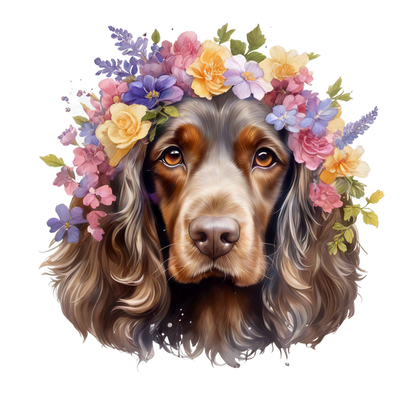 Una encantadora ilustración de un perro con una corona floral colorida, que transmite una expresión cálida y amistosa.