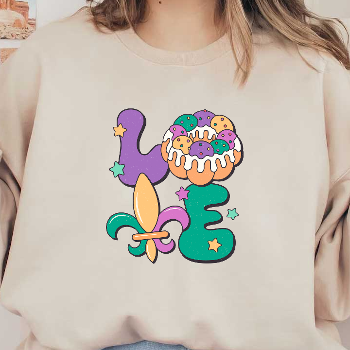 Colorful and whimsical design featuring "LOVE" with a donut topped with frosting and sprinkles, accented by stars and a fleur-de-lis.DTF Transfers