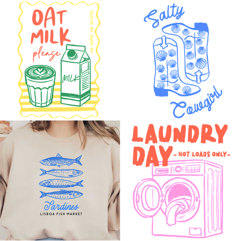 Fun illustrations featuring oat milk, sardines, salty snacks, and laundry day!DTF Transfers