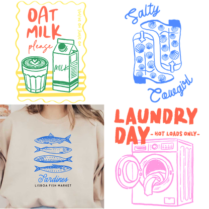 Fun illustrations featuring oat milk, sardines, salty snacks, and laundry day!DTF Transfers