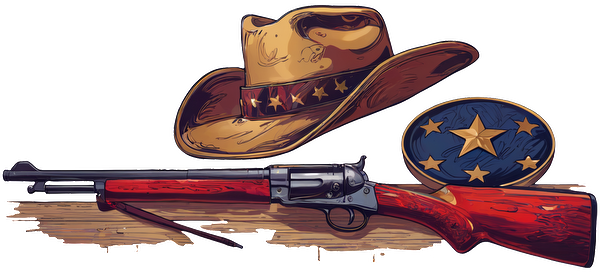 A vintage cowboy hat and a blue star-patterned badge accompany a classic red and silver rifle, evoking a Wild West theme.UV Transfersdtf regular iron