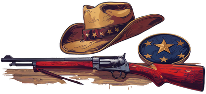 A vintage cowboy hat and a blue star-patterned badge accompany a classic red and silver rifle, evoking a Wild West theme.UV Transfersdtf regular iron