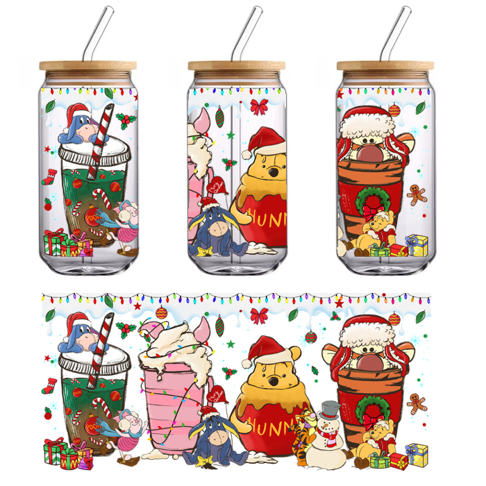 A festive gathering of beloved characters from Winnie the Pooh, celebrating Christmas with cheerful hats and playful decorations.UV Transfers