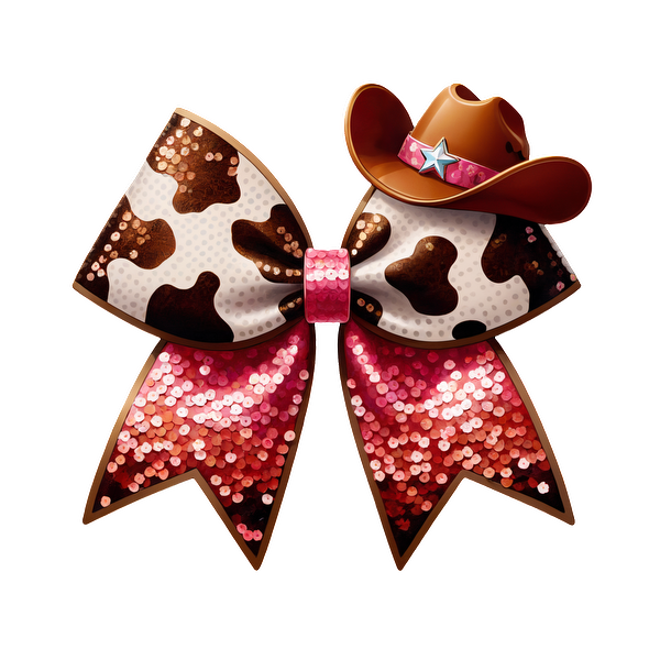 A fun and festive bow featuring cow print and a cowboy hat, adorned with sparkly pink sequins.DTF Transfers heat press transfers