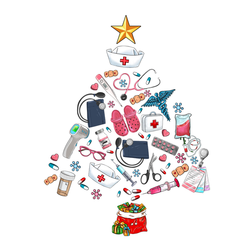 Celebrate the season with a festive, nurse-themed Christmas tree made of medical tools, accessories, and a cheerful gift bag!DTF Transfers