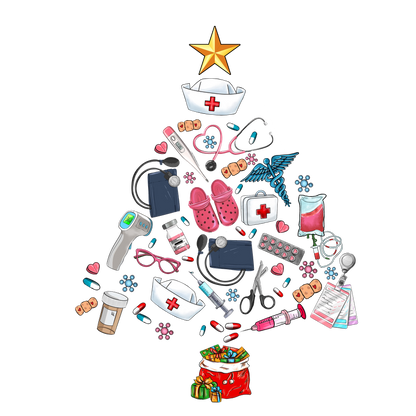 Celebrate the season with a festive, nurse-themed Christmas tree made of medical tools, accessories, and a cheerful gift bag!DTF Transfers