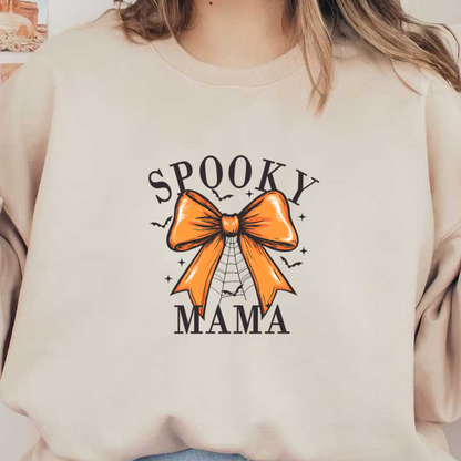 Un diseño divertido con un lazo naranja y el texto "Spooky Mama", perfecto para las celebraciones de Halloween.