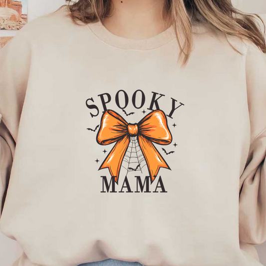 Un diseño divertido con un lazo naranja y el texto "Spooky Mama", perfecto para las celebraciones de Halloween.