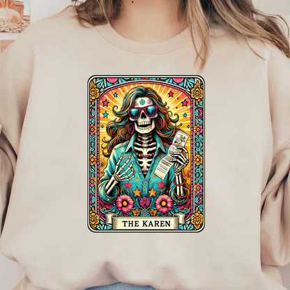 Una ilustración vibrante y humorística de un esqueleto con gafas de sol y una camisa azul, sosteniendo un recibo, titulada "La Karen".