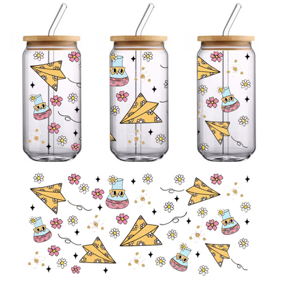 A playful and colorful pattern featuring cute characters in hats, paper airplanes, and whimsical flowers.UV Transfers dtf transfersdtf regular iron