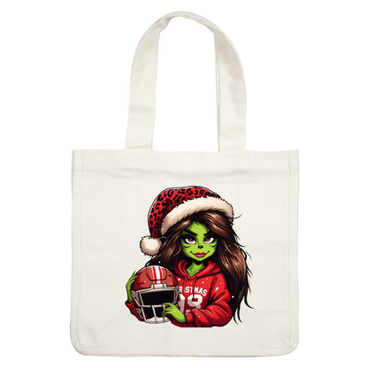 A festive green character in a Santa hat and red "Christmas 82" hoodie holds a football helmet, combining holiday cheer with sporty flair.DTF Transfers heat press transfers