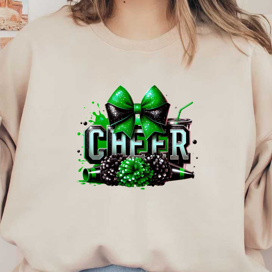 A vibrant and festive graphic featuring the word "CHEER" adorned with a green bow, pom-poms, and playful elements.DTF Transfers dtf transfers