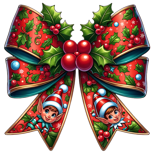 A festive, vibrant bow decorated with holly, berries, and playful elf faces, perfect for holiday celebrations. dtf transfers