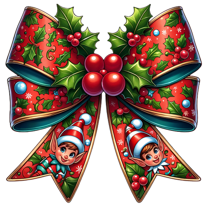 A festive, vibrant bow decorated with holly, berries, and playful elf faces, perfect for holiday celebrations. dtf transfers