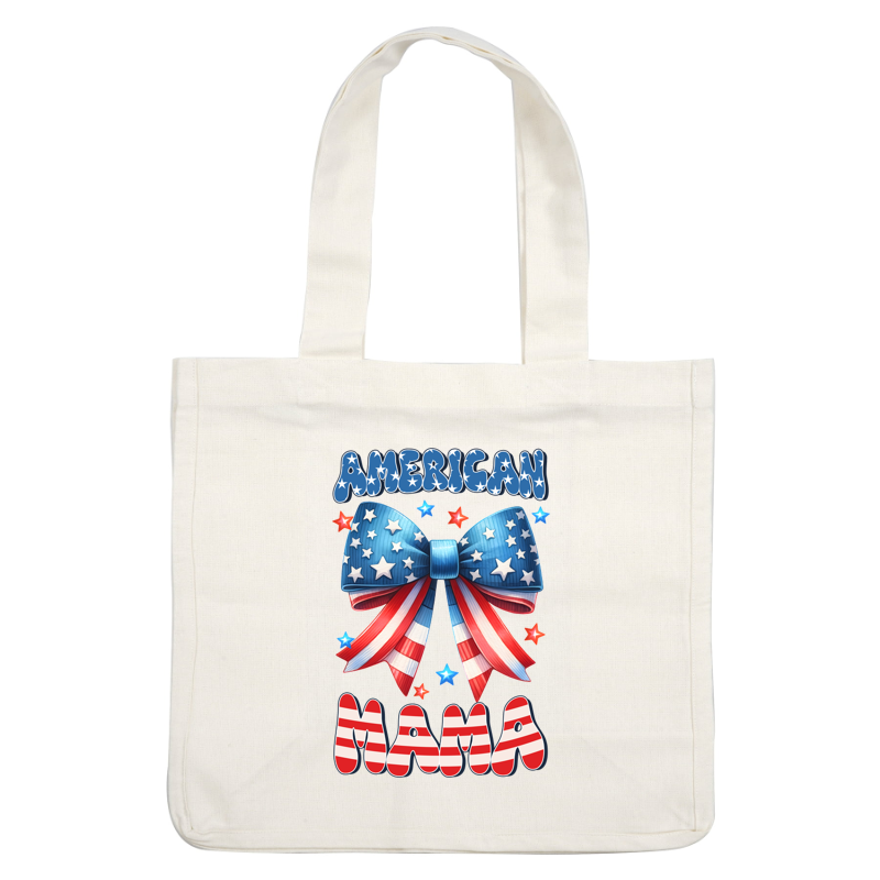 A vibrant design featuring a patriotic bow with stars and stripes, showcasing the text "American Mama." Perfect for celebrations! heat press transfers