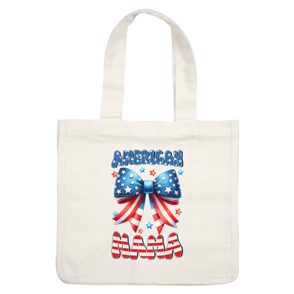 A vibrant design featuring a patriotic bow with stars and stripes, showcasing the text "American Mama." Perfect for celebrations! heat press transfers