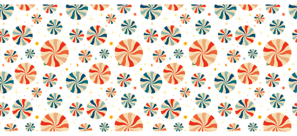 Patrones coloridos y divertidos de círculos y estrellas que giran sobre un fondo oscuro, creando un efecto visual vibrante. Transferencias UV