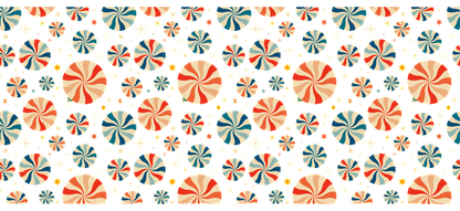 Patrones coloridos y divertidos de círculos y estrellas que giran sobre un fondo oscuro, creando un efecto visual vibrante. Transferencias UV