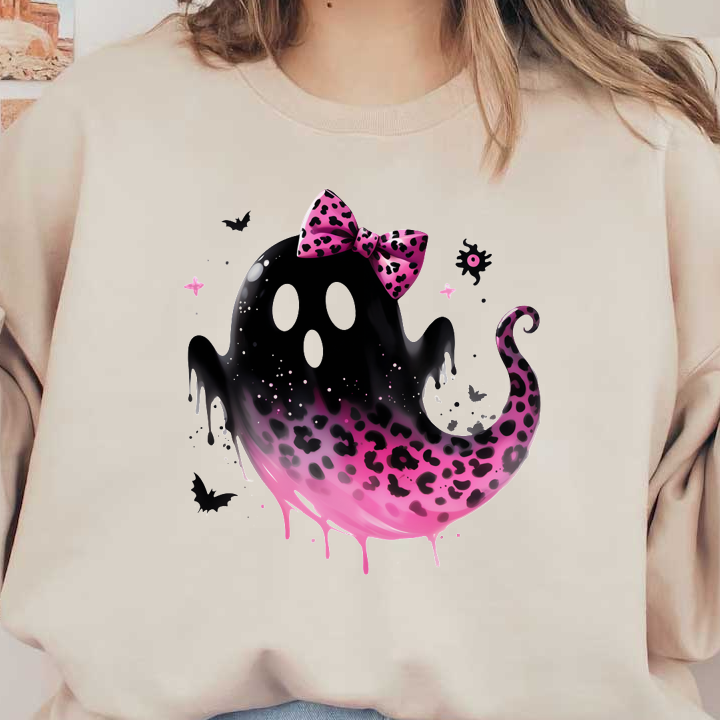 Este lindo fantasma presenta un diseño con estampado de leopardo negro y rosa con un lazo encantador, creando una apariencia divertida y caprichosa.