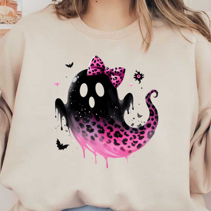 Este lindo fantasma presenta un diseño con estampado de leopardo negro y rosa con un lazo encantador, creando una apariencia divertida y caprichosa.