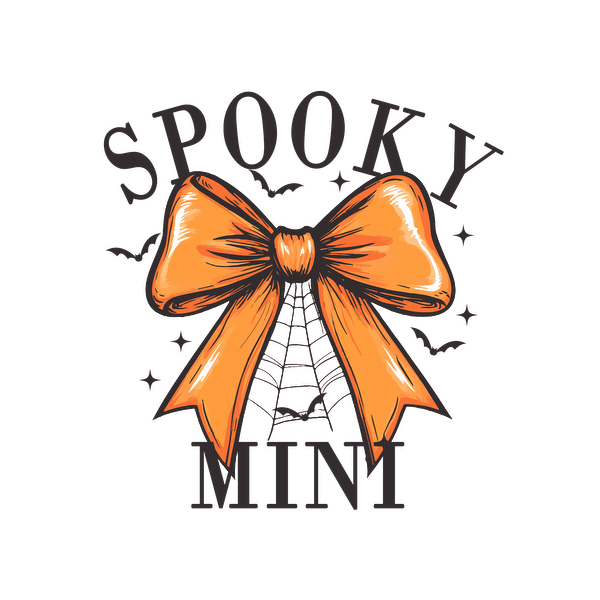 Un lazo naranja vibrante con diseño de red, acompañado del texto "SPOOKY MINI", perfecto para una decoración con temática de Halloween.