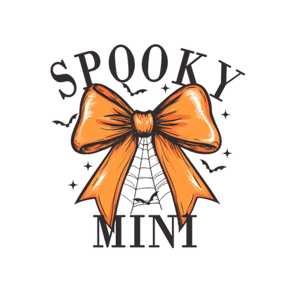 Un lazo naranja vibrante con diseño de red, acompañado del texto "SPOOKY MINI", perfecto para una decoración con temática de Halloween.