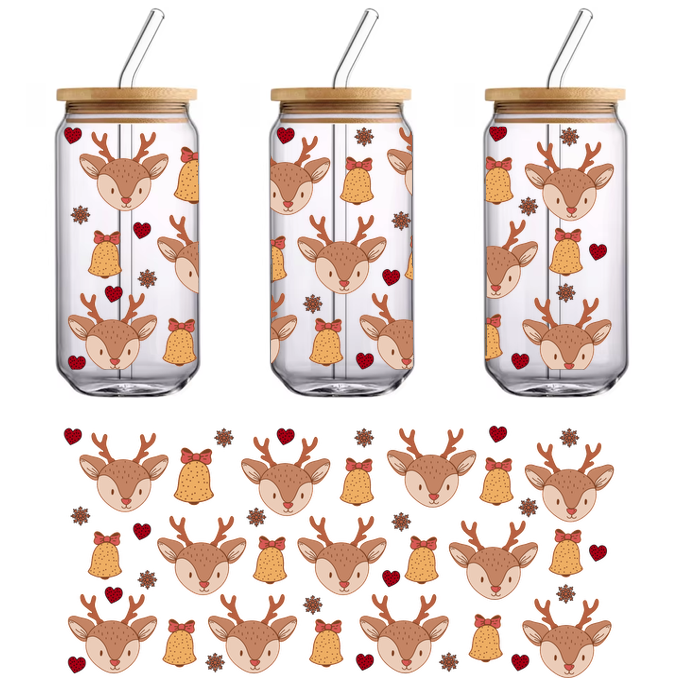 A whimsical pattern featuring adorable reindeer faces, festive bells, and hearts, perfect for holiday-themed designs or crafts.UV Transfers heat press transfers