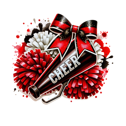 A vibrant cheerleading megaphone adorned with a red bow, surrounded by colorful pompoms in red, white, and black.DTF Transfers dtf transfers