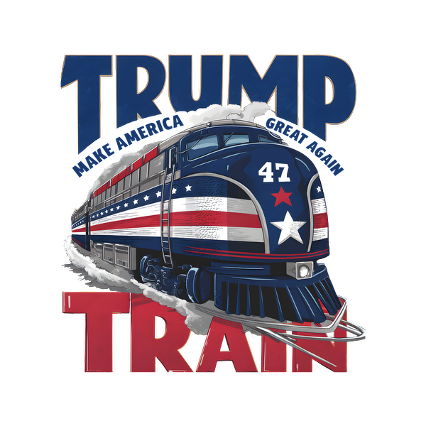 Un gráfico vibrante que presenta un tren de estilo retro adornado con colores patrióticos, que muestra el texto en negrita "TRUMP TRAIN" y el número 47.