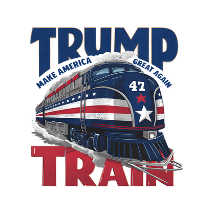 Un gráfico vibrante que presenta un tren de estilo retro adornado con colores patrióticos, que muestra el texto en negrita "TRUMP TRAIN" y el número 47.