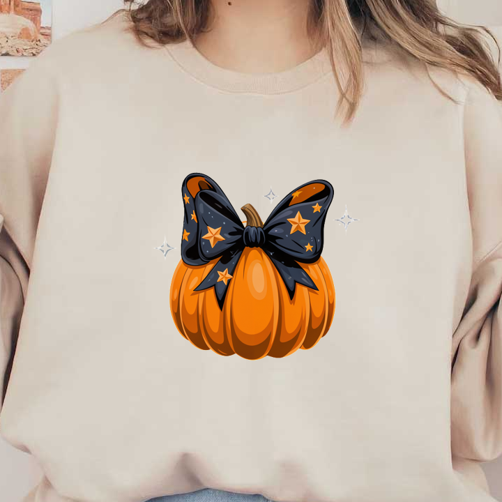 ¡Una linda calabaza naranja adornada con un lazo estrellado negro, perfecta para decoraciones de Halloween y ambiente festivo!