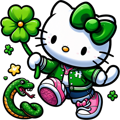 Hello Kitty is playfully depicted in a green varsity jacket, holding a four-leaf clover, with a cheerful green snake nearby.DTF Transfers dtf prints