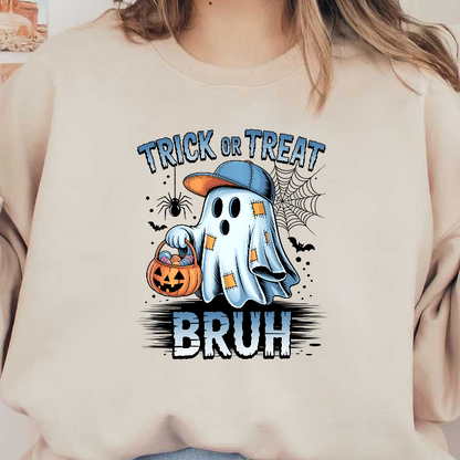 A playful ghost in a baseball cap holds a candy bucket for Halloween.DTF Transfers