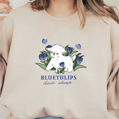 Adorable oveja ilustrada rodeada de tulipanes azules, con el texto "Bluetulips little sheep" en un diseño divertido.