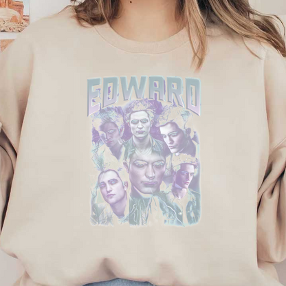 A vibrant graphic t-shirt featuring multiple artistic depictions of Edward, highlighted with ethereal details and bold lettering.DTF Transfers dtf transfers