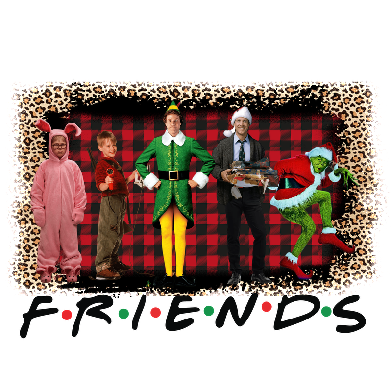 A fun festive scene featuring characters in iconic holiday outfits, including an elf, a pink bunny suit, and the Grinch.DTF Transfersdtf regular irondtf regular iron