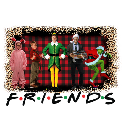 A fun festive scene featuring characters in iconic holiday outfits, including an elf, a pink bunny suit, and the Grinch.DTF Transfersdtf regular irondtf regular iron