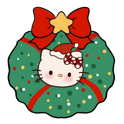 Celebrate the holidays with this adorable Hello Kitty wreath, featuring a festive red bow, colorful ornaments, and a Santa hat.DTF Transfers