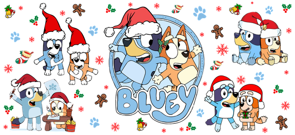 Festively themed illustration of animated characters from "Bluey," wearing Santa hats and surrounded by Christmas decorations and playful scenes.UV Transfersdtf regular iron